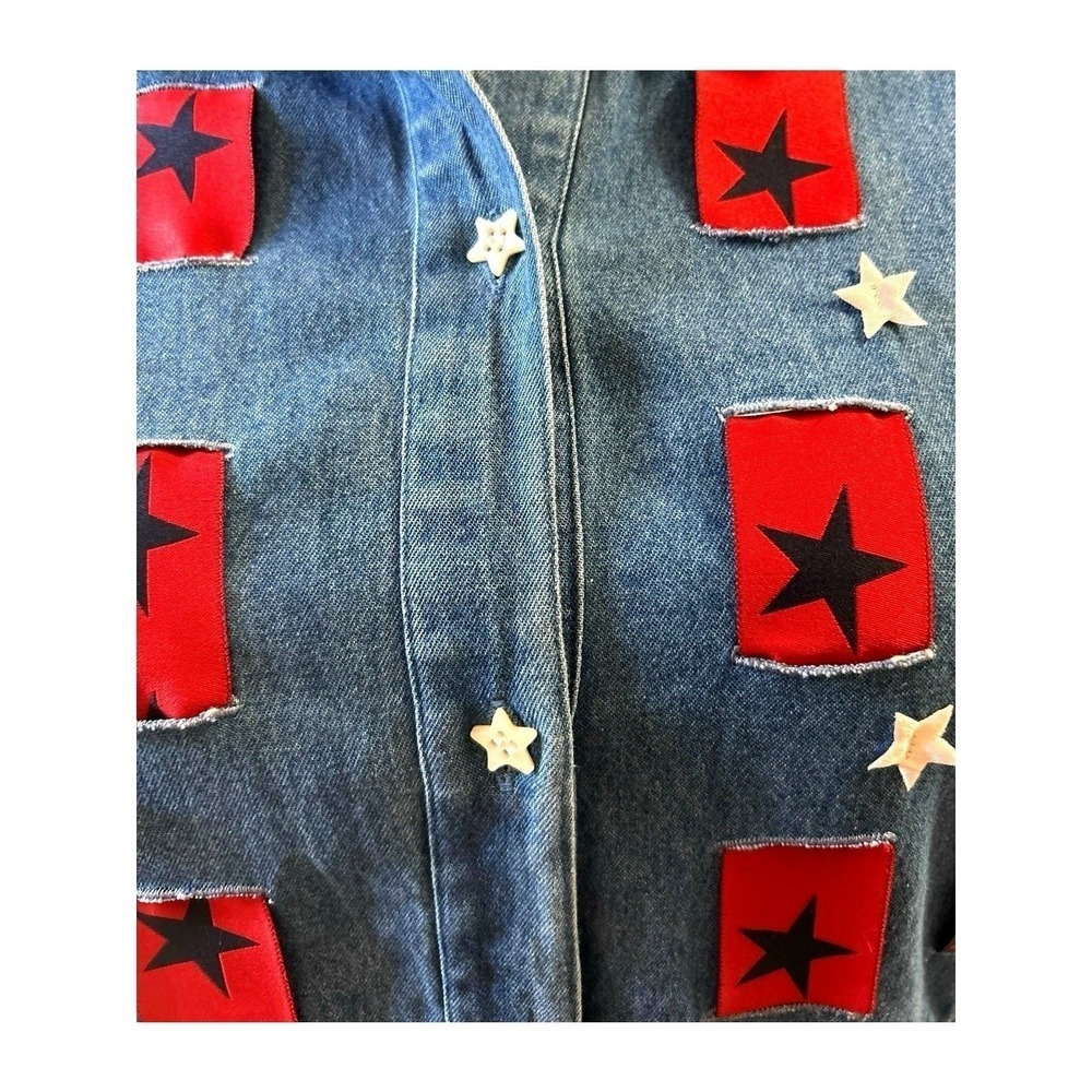 Vtg Denim Stars Stripes Shirt Top Size XL Button Up Primitive Patriotic Country - Picture 6 of 7